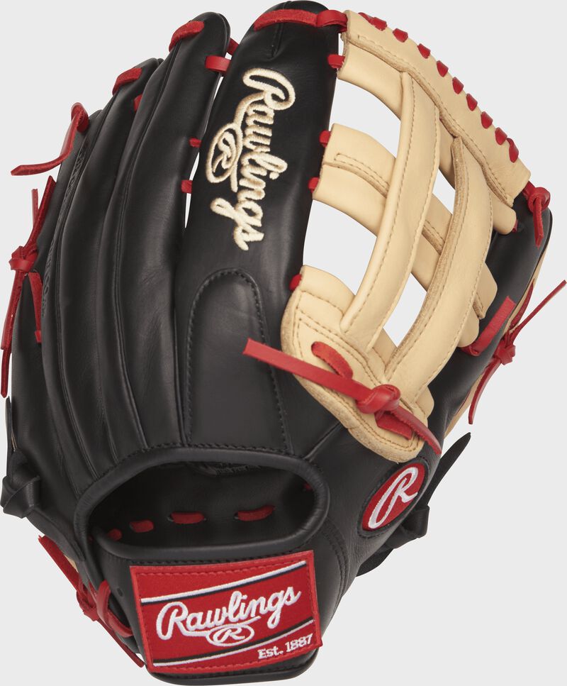 Back view of a black GXLE3029-6BCS Gamer XLE 12.75-inch H web outfield glove