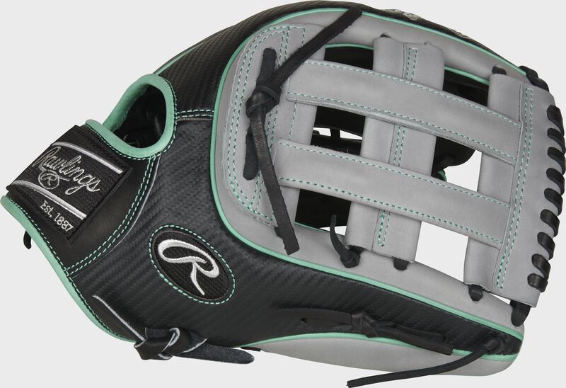 Web back view of black, mint, and gray 2021 Heart of the Hide Hyper Shell outfield glove