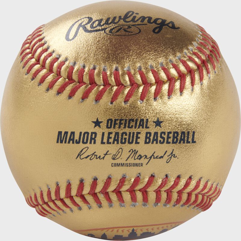 A New York Mets Rawlings Gold MLB team baseball with the official ball MLB stamp - SKU: RSGEA-GOLDNYM-R loading=