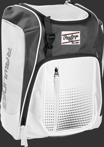 Front left angle of a white Rawlings Franchise bag with gray accents - SKU: FRANBP-W