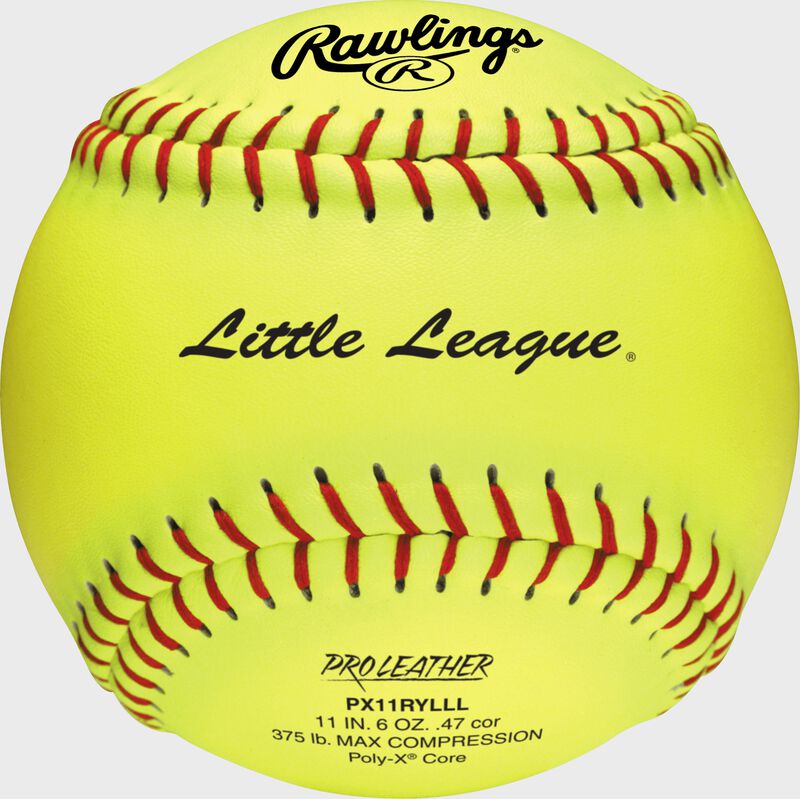 A yellow PX11RYLLL Little League official 11-inch softball with red stitching