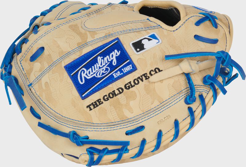 Back of a camel Heart of the Hide ContoUR Fit 32.5-Inch Catcher's Mitt with a royal Rawlings patch