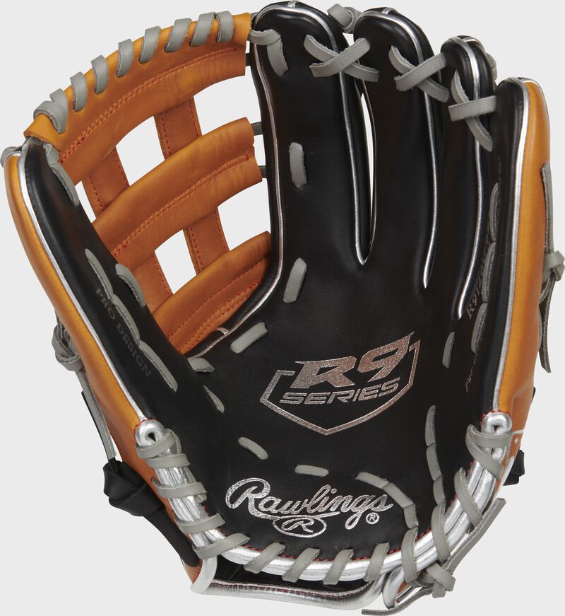 Black palm of a Rawlings R9 ContoUR baseball glove with gray laces and silver palm stamp - SKU: R9120U-6BT
