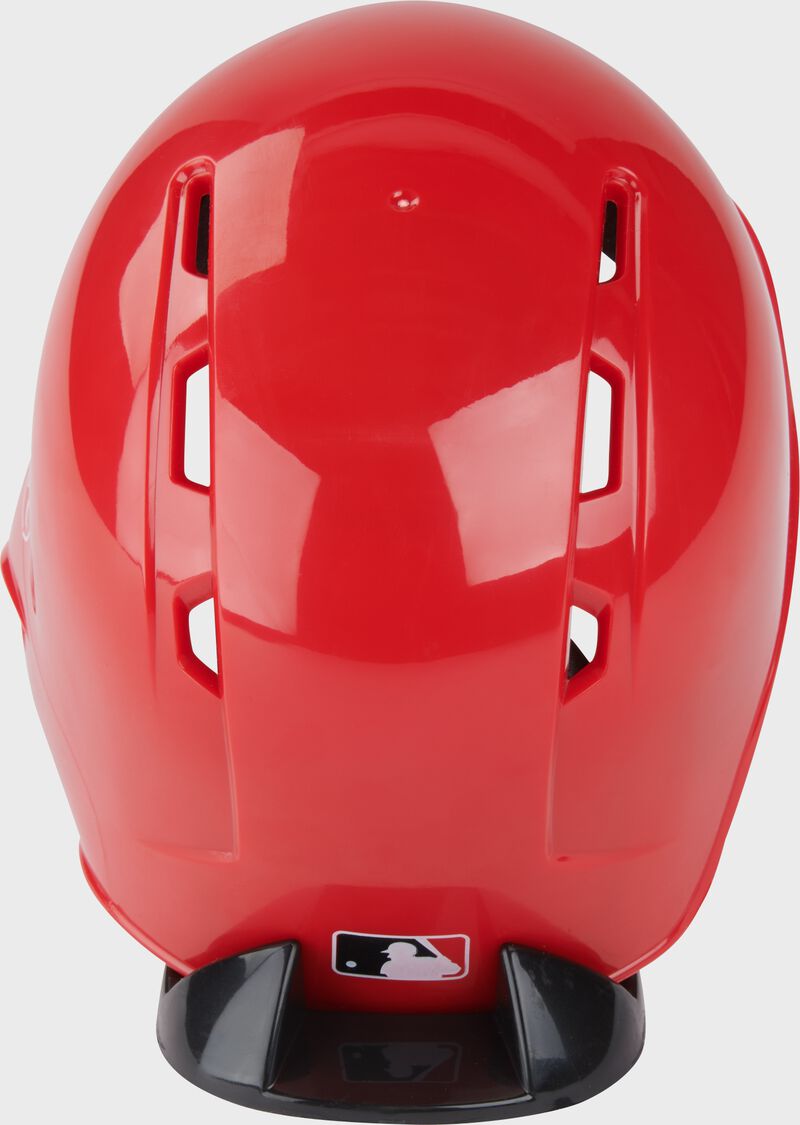Back of a red Reds mini replica helmet