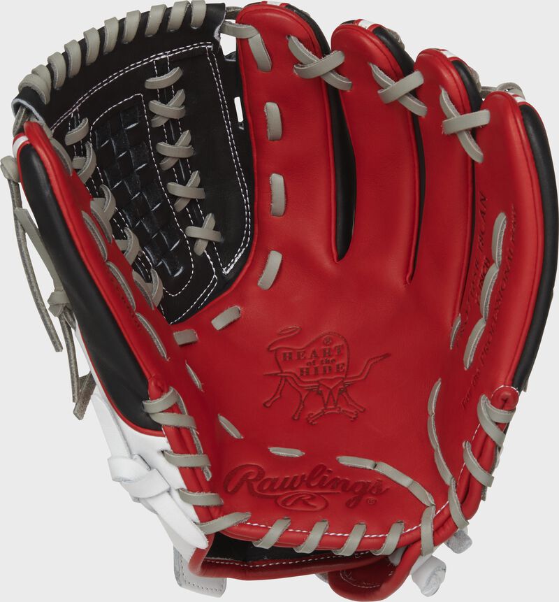 PRO716SB-18CAN Rawlings Heart of the Hide Canada softball glove with a scarlet palm, black web and grey laces