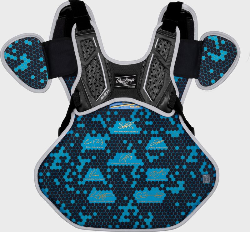 Back of a black Rawlings Mach Pro Series chest protector loading=