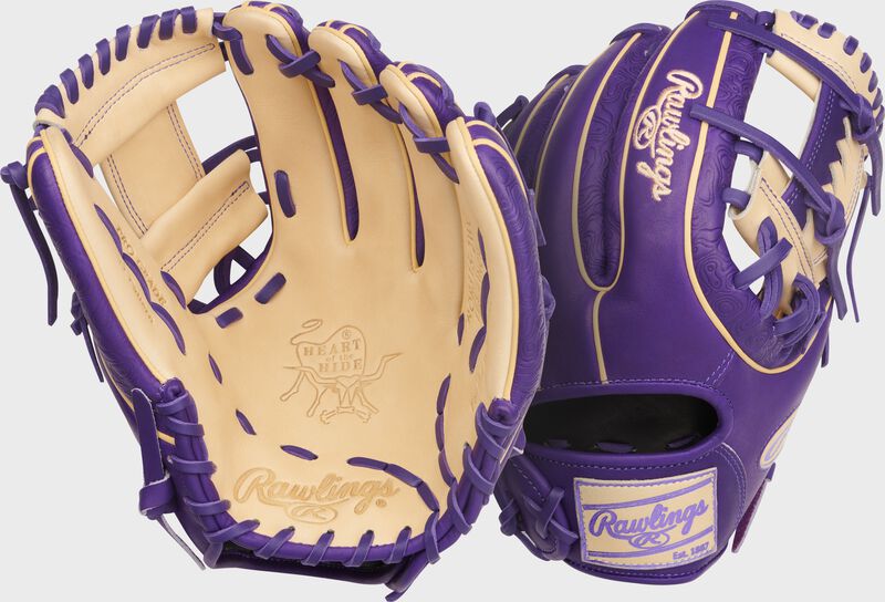 Two images showing the palm & back of a purple/camel Heart of the Hide 11.75-Inch Purple Infield Glove