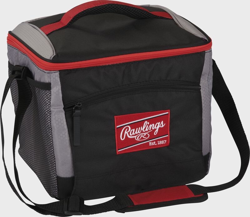 Front angle of a black 24 can cooler with a red Rawlings patch, red handle on the top and shoulder strap - SKU: 10224043511
