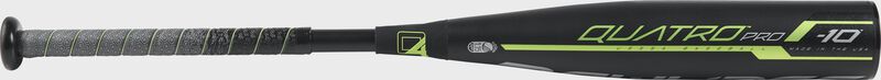Barrel view of a UT9Q10 2019 USSSA Quatro Pro baseball bat with a black barrel and grey/black grip