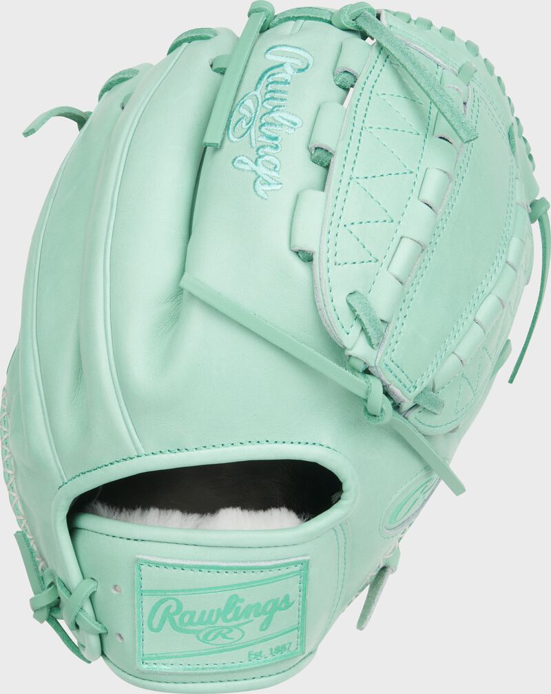 Back of a mint Rawlings Pro Preferred 12-Inch Infield/Pitcher's Glove with a mint leather Rawlings patch