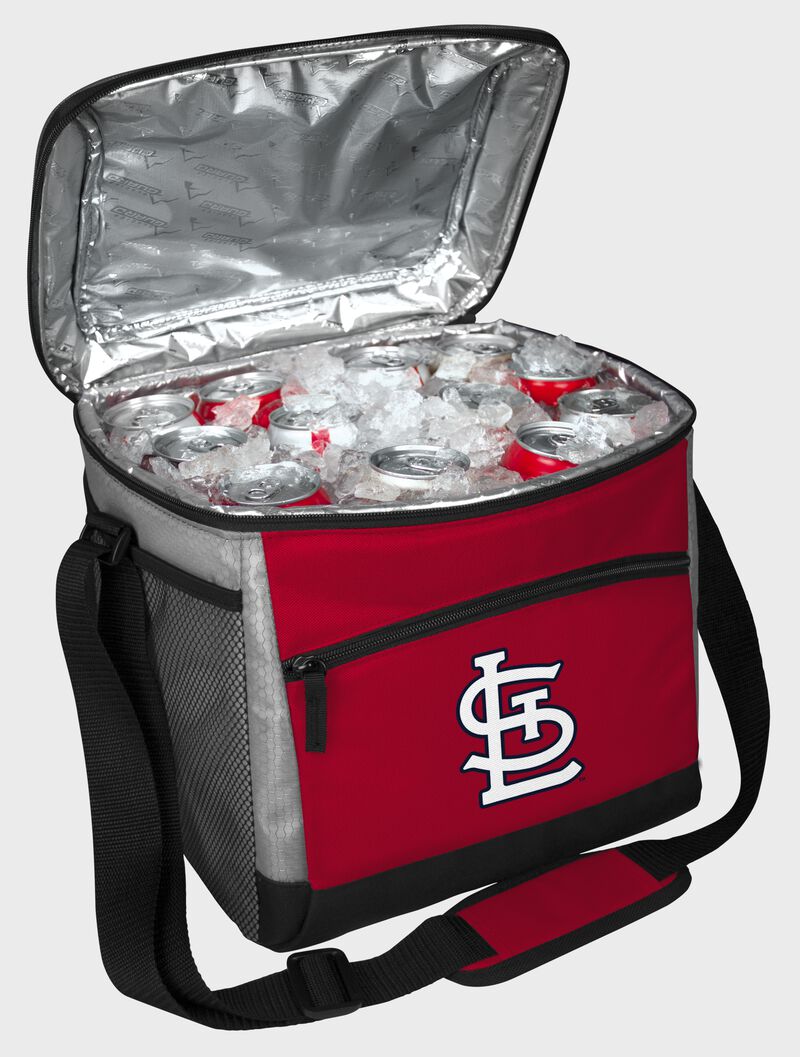 An open St. Louis Cardinals 24 can cooler with ice and drinks