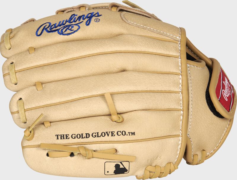 Back of a camel Rawlings Kris Bryant Sure Catch youth glove with the MLB logo on the pinky - SKU: SC105KB