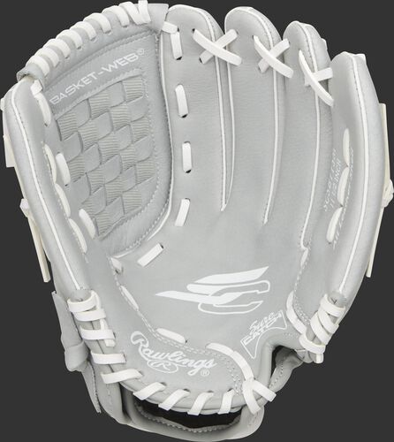 SCSB115M Rawlings Sure Catch Softball youth glove with a grey palm and white laces