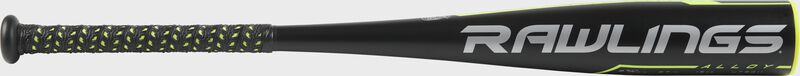 Barrel view of a UT9Q11 2019 Quatro Pro USSSA bat with a black barrel and green/grey accents