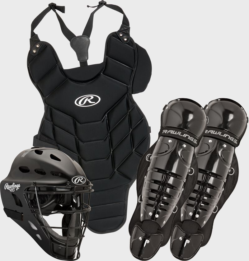 A black Rawlings T-Ball Players Series catcher's set with a catcher's helmet, chest protector, and leg guards