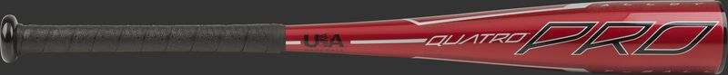 Barrel of a red TBZQ11 Rawlings 2020 Quatro Pro t-ball bat with black/silver accents