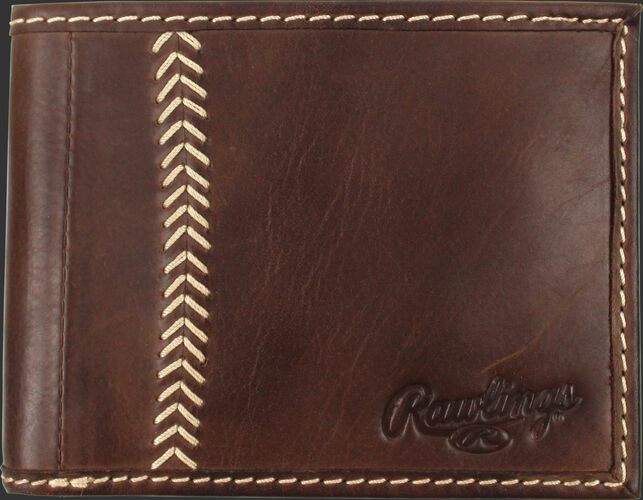 A brown MW485-201 Baseball Stitch bi-fold wallet folded close with tan stitching on the left and an embossed Rawlings logo