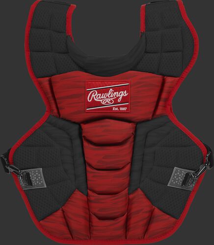 A scarlet/black CPV2N Rawlings Velo 2.0 adult chest protector with a striped pattern
