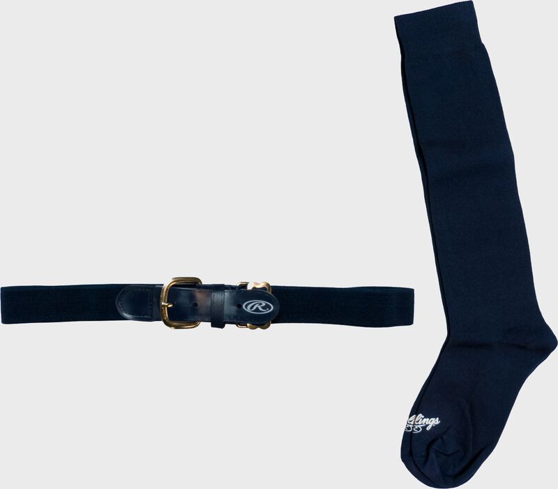 A navy Rawlings baseball bet and socks - SKU: BELTSOCKL-NVY