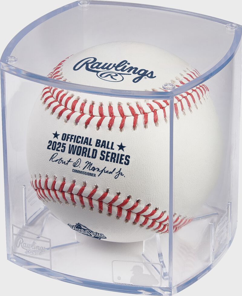 A 2025 MLB World Series baseball in a clear display cube loading=