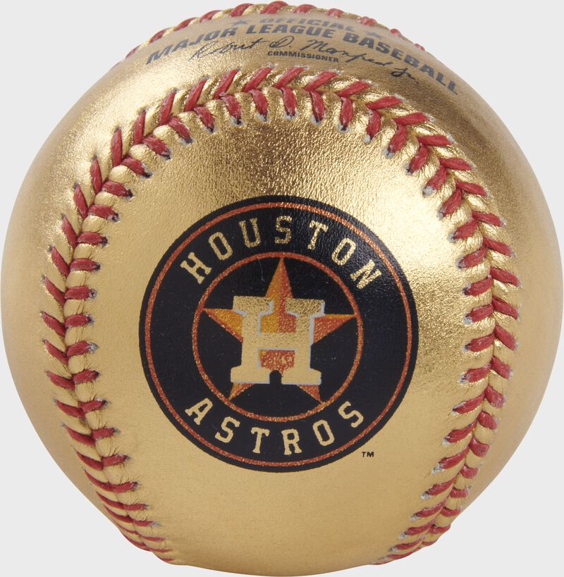 Astros logo on a gold MLB baseball with red stitches - SKU: RSGEA-GOLDHOU-R