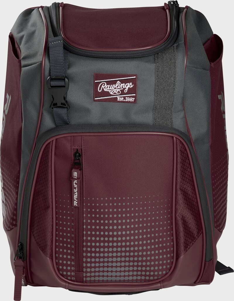 Front of a maroon Franchise baseball backpack with gray accents and a maroon Rawlings patch - SKU: FRANBP-MA