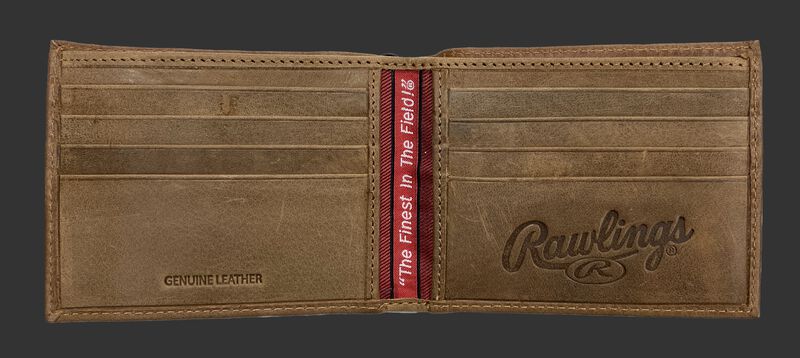 Inside of a tan Rawlings American Story bi-fold wallet with multiple credit card slots - SKU: RPW001-204