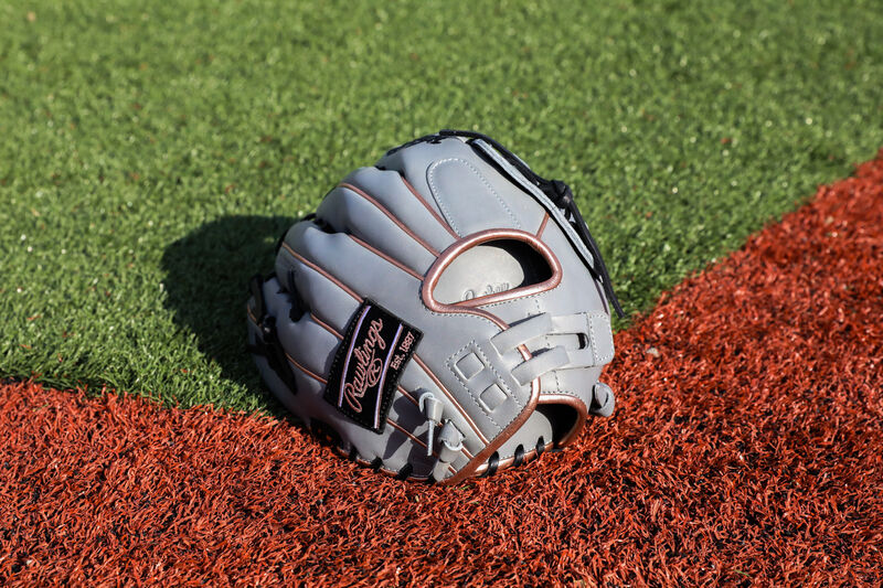 Back of a gray Liberty Advanced Color Series outfield glove on a field - SKU: RLA1275SB-6GRG