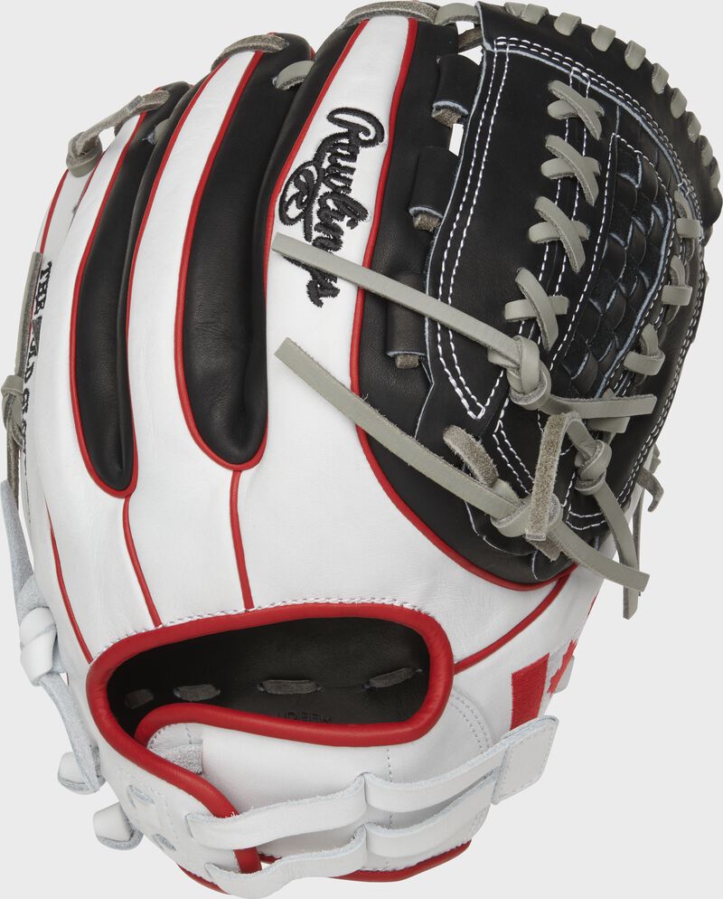 Back of a white/black PRO716SB-18CAN Heart of the Hide 12-Inch Canada softball glove with scarlet double-welting