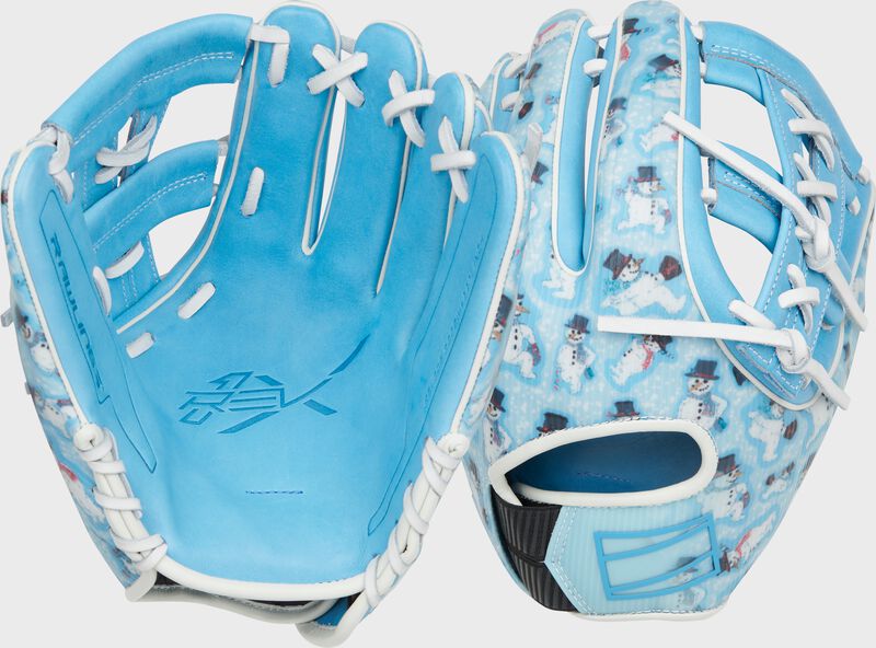 2 images showing the back & palm of a Rawlings exclusive Snowman REV1X infield glove - SKU: REV205-32CBW