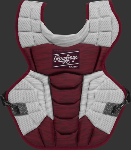 A cardinal/white CPV2N Rawlings Velo 2.0 adult chest protector with a striped pattern