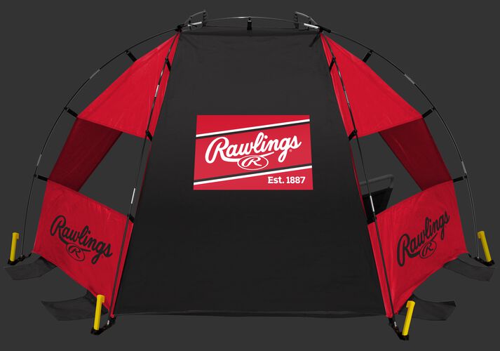 Back of a red/black Rawlings sideline sun shelter with a Rawlings patch logo in the middle - SKU: 00974043511