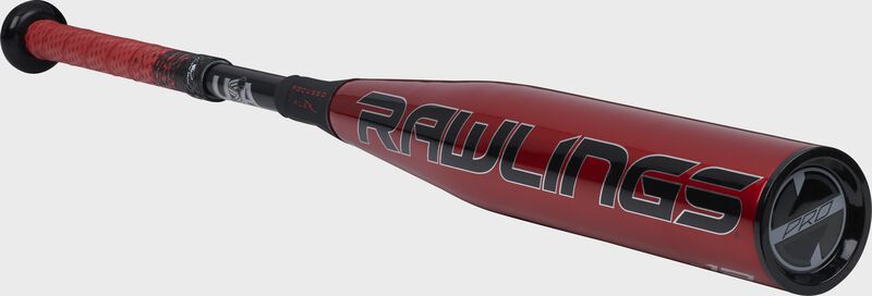 3/4 angle view of a red USZQ12 Quatro Pro -12 USA bat with a red/black grip and black end cap