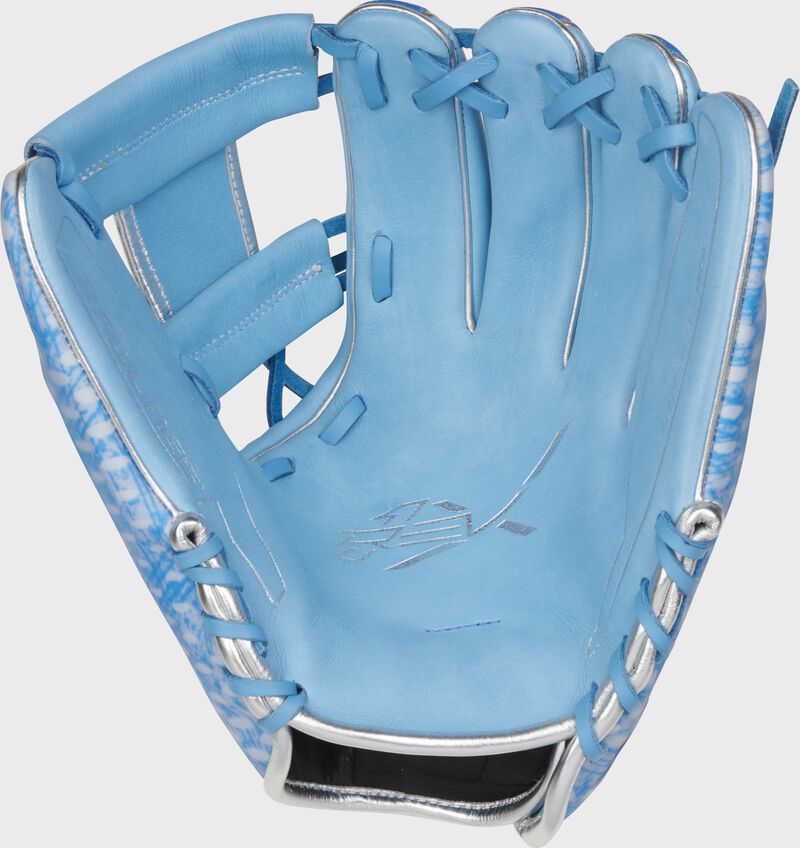 Columbia Blue palm of a Rawlings REV1X infield glove with Columbia blue laces and silver tamping - SKU: REV205-2XCB