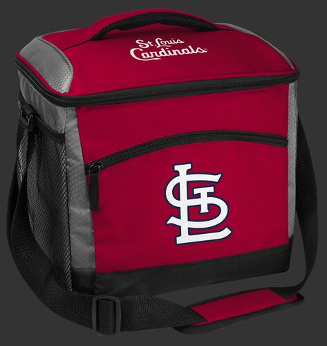 A red St. Louis Cardinals 24 can soft sided cooler with screen printed team logos - SKU: 10200007111