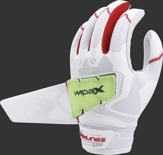 A white/scarlet FPWPBG-S women's Rawlings Workhorse batting glove with the Impax pad attached to the back