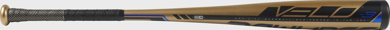 Barrel of the gold BB9V3 2019 Velo College/High School one-piece hybrid bat with black/blue accents