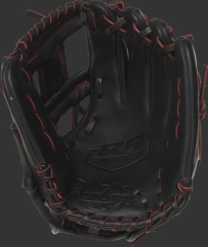 Palm view of a R9YPT2-2B 11.25-inch Rawlings R9 Series youth baseball glove with a black palm and black/scarlet laces