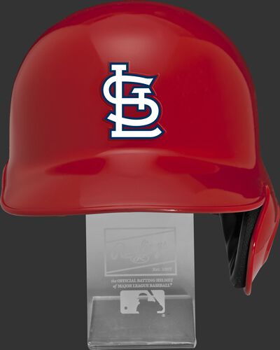 Front of a MLBRL-STL MLB St. Louis Cardinals replica helmet on a display stand