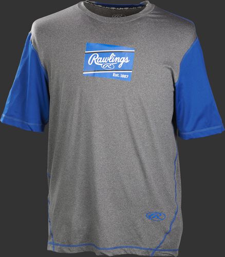 A gray/royal Rawlings adult Hurler performance short sleeve shirt with a royal Rawlings logo on the chest - SKU: HSSP-GR/R