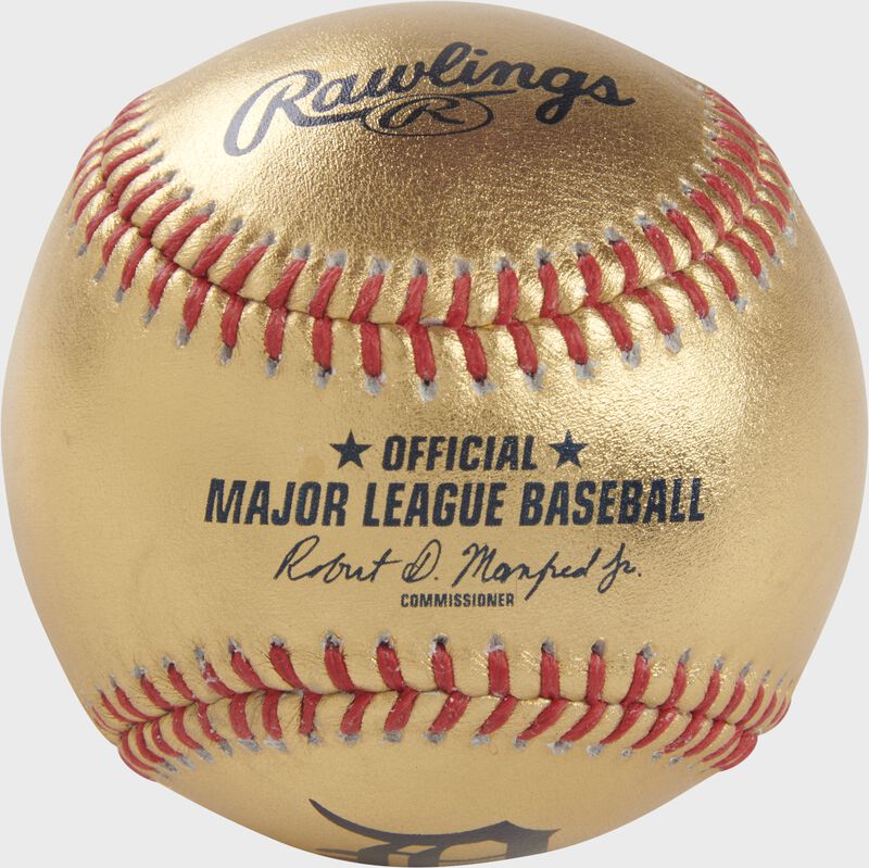 A Detroit Tigers Rawlings Gold MLB team baseball with the official ball MLB stamp - SKU: RSGEA-GOLDDET-R