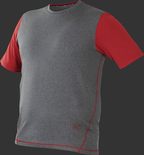 Front of Rawlings Gray/Scarlet Adult Hurler Performance Short Sleeve Shirt - SKU #HSS