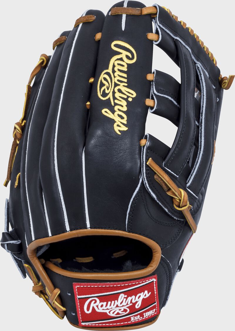 Black back of a Heart of the Hide H-web outfield glove with a red Rawlings patch - SKU: PRO3036JBTPRO