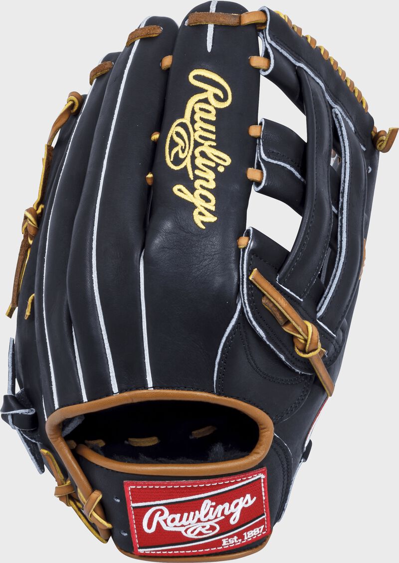 Back of a black Heart of the Hide 12.75-Inch H-web outfield glove with a red Rawlings patch - SKU: RSGPRO3036JBTPRO loading=