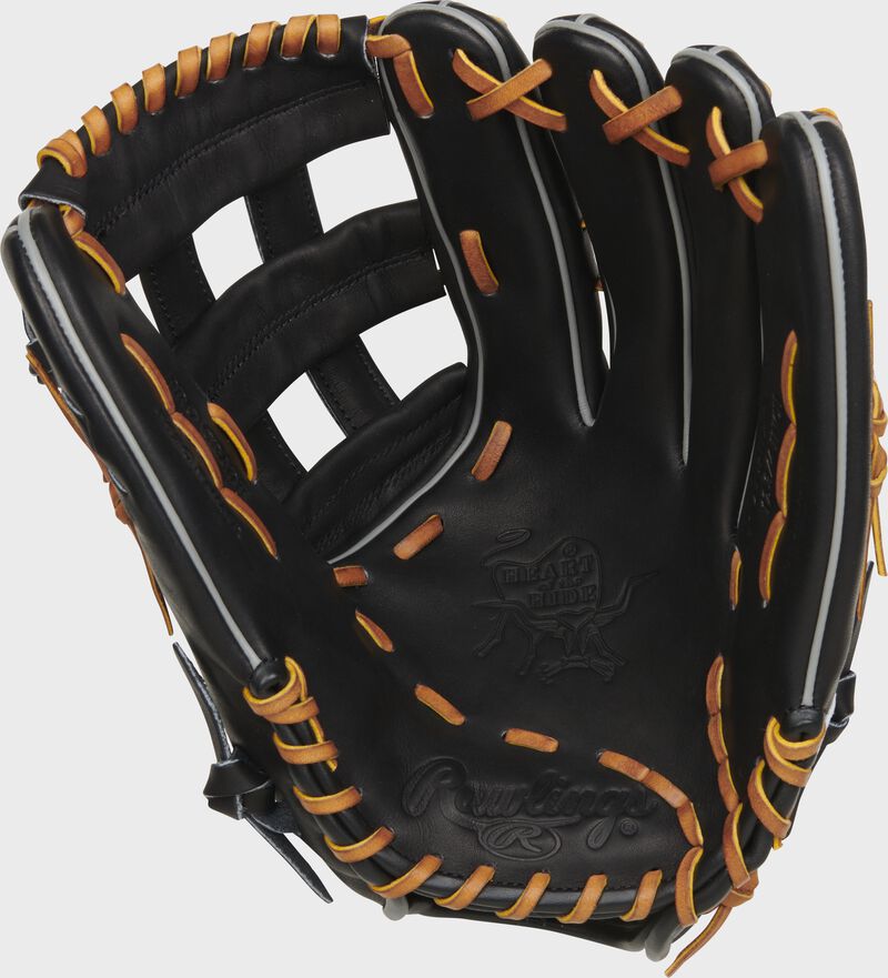 Black palm of a Rawlings Heart of the Hide outfield glove with tan laces - SKU: PROT3029C-6B