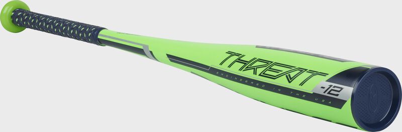 US9T12 Rawlings Threat youth bat with a green barrel, navy accents and navy end cap
