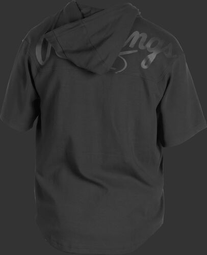 Back of a black Rawlings Gold Collection short sleeve hoodie with a black script Rawlings logo across the back - SKU: GJJ-B