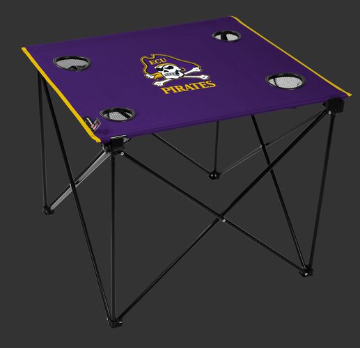 A pulpy NCAA East Carolina Pirates deluxe tailgate table with four cup holders and team logo printed in the middle SKU #00713017111