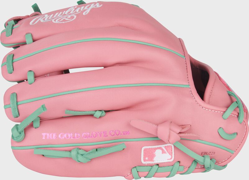 Back of a Rawlings NXT Series 11.5-Inch Pink Infield Glove with the MLB logo on the pinky