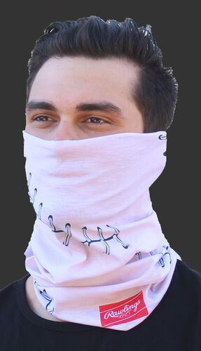 A guy wearing a pink baseball stitch Rawlings multi-functional head and face cover over his mouth and nose - SKU: RC40001-681